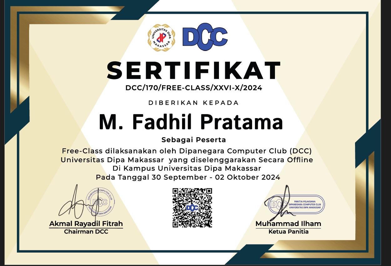 Sertifikat Free Class Dipanegara Computer Club
